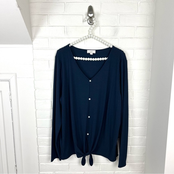 LOFT Navy Ribbed Knit Button Tie Front Long Sleeve Top Size XL - Picture 1 of 7